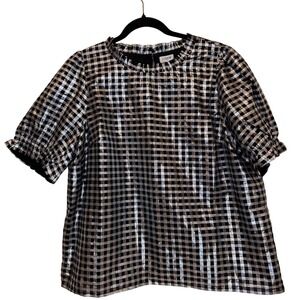 NWT J. Crew Metallic Gingham Blouse Size XL Ruffle Neck Puff Sleeve Party Dressy